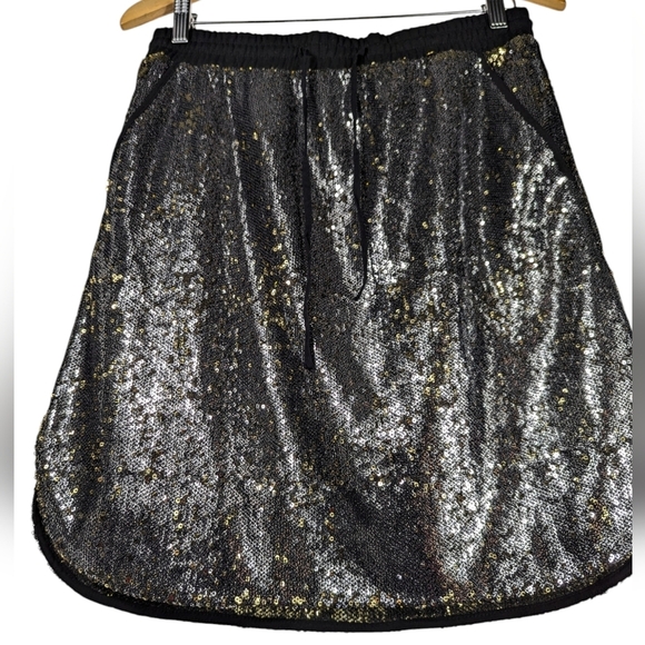 Harlyn for Anthropologie Metallic Silver Sequin Party Drawstring Skirt Size M - Picture 9 of 12